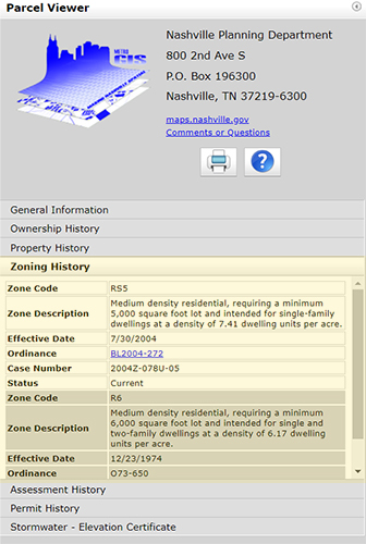 Screenshot of the Parcel Viewer app showing how to find the Zoning History of a property. 
