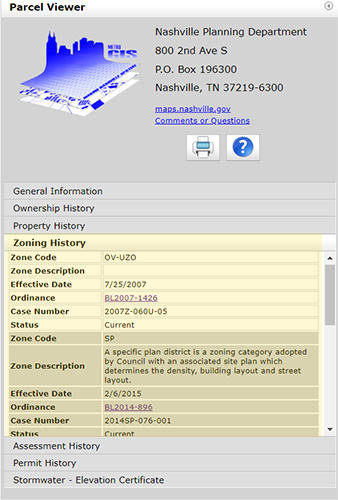 Screenshot of Parcel Viewer showing how to find the zoning history of a parcel as described in the text of this page. 