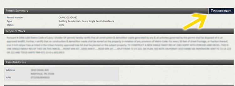Picture of the epermits website showing where to find "available reports"