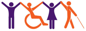 stylized icon of standing people with person in wheelchair and person with cane
