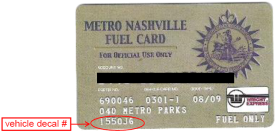 Metro fuel card with vehicle decal number circled