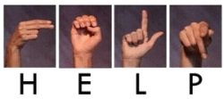 hands spelling H E L P in American sign language