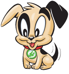 Socket program logo - a cartoon puppy with electric plug on dog tag