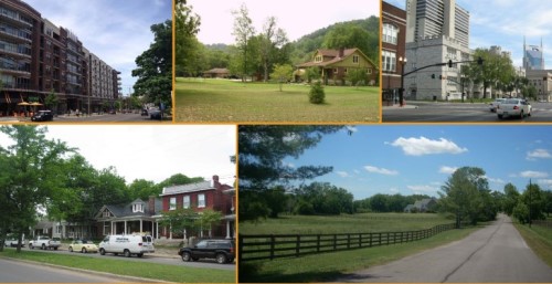 collage of places in nashville including apartments, house with large yard, bus stop, country road