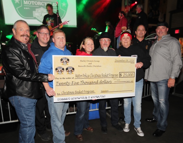 members of the harley davidson group presenting a check