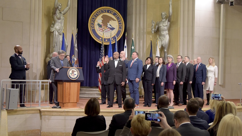MNPD Sgt. James Smallwood and his colleagues on the Presidential Commission on Law Enforcement are sworn in by Attorney General William Barr during a ceremony today in Washington. 