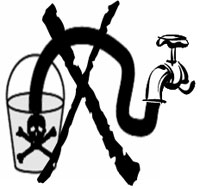 big X over line drawing of a hose leading from a faucet into a bucket that contains skull and cross bones