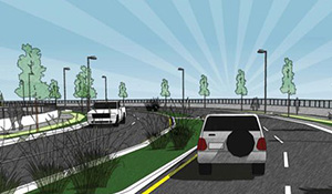 artist rendering of cars on road with median